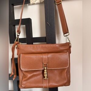 Roots Canada Cognac Brown Camel Leather Crossbody Purse Shoulder Bag Brass Lock